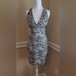 Laundry by Shelli Segal 100% Silk Leopard Print Beaded Halter Ruched Cocktail